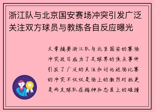 浙江队与北京国安赛场冲突引发广泛关注双方球员与教练各自反应曝光